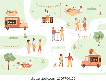 La gente descansa y se comunica en el parque de verano con bebidas, helados y comida. Dj mueve su mano. Fin de semana al aire libre en festival de música. Parque público con café móvil. Ilustración del vector