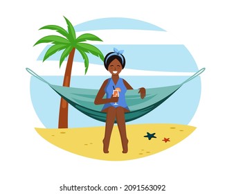 La gente descansa en las hamacas. Las tranquilas playas tropicales de hombres y mujeres y, en la naturaleza, los cómodos sofás cama estiran el sueño reparador y la lectura de libros funcionan en línea en un entorno natural. Vector de dibujos animados.