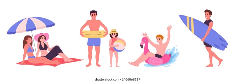 Las Personas descansan en la playa. Personajes relajantes y jugando en la playa de arena, vacaciones de verano Ilustración vectorial plana. Gente de caricatura en la playa