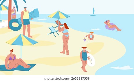 As pessoas descansam na praia. Férias de verão, lazer sazonal perto do mar ou oceano. Natação e banhos de sol, atividades ao ar livre na cena do vetor à beira-mar