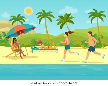 
People rest on the beach. Tropical landscape with palm trees, ocean and mountain. Vector flat style illustration