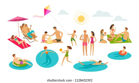 People rest on beach. Vacation, summer concept. Cartoon vector illustration