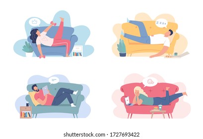 People rest on the couches and have fun during quarantine time vector flat illustration