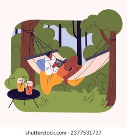 People rest on nature, outdoors in summer. Young woman lying, relax in hammock, reading paper book in wood, house backyard. Woodland holiday with juice glasses. Flat isolated vector illustration