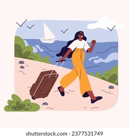 La gente descansa en el balneario. Joven con gafas de sol caminando en la playa, llevando equipaje en la costa. Turista con maleta en la orilla. Vacaciones de verano, viajes de vacaciones. Ilustración vectorial aislada plana