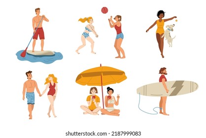 La gente descansa en la playa de verano, juega al voleibol, nada en la tabla de surf, bebe cócteles bajo el paraguas y camina. Ilustración vectorial plana de mujeres y hombres felices en trajes de baño en vacaciones en el complejo turístico