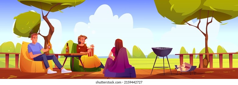 People rest on wooden terrace with popcorn, beer, and bbq. Vector cartoon illustration of backyard with green trees and patio with cooking grill, table, man and girls sitting in chairs
