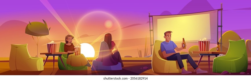 People rest in open air cinema on lawn with big screen, chairs and tables at evening. Vector cartoon summer landscape of backyard or public park with outdoor movie theater, man and women at sunset