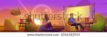 People rest in open air cinema on lawn with big screen, chairs and tables at evening. Vector cartoon summer landscape of backyard or public park with outdoor movie theater, man and women at sunset