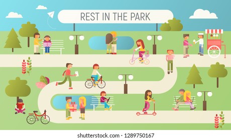 People Rest in the Park, Ride on Bikes, Couples in Love on Benches, Communicating. Men and Women are Walking in the Park. Flat Design. Vector Illustration.