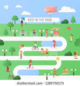 People rest in the park, ride on bikes, couples in love on benches, Communicating. Men and Women are walking in the park. Flat Design. Vector Illustration. Square Format.