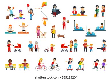 People Rest In The Park Vector Flat Design Isolated On White Background For Infographic Creation. Students, Kids, Children, Women, Men, Adult, Grandparents In Colorful Clothes Do Activities, Walk.