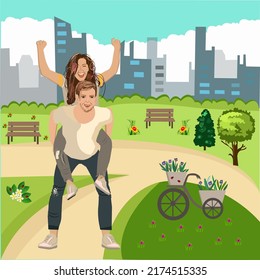 La gente descansa en el parque. Ilustración vectorial. Gente feliz caminando y descansando en el verde parque de la ciudad