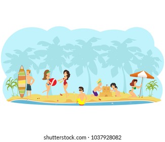 people rest, sunbathe and have fun on the beach. vector illustration