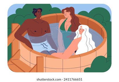 People rest in traditional japanese bathing. Ofuro bathhouse in Japan. Men and women relax in wooden barrel with hot water. Friends care about wellness, body in spa, sauna. Flat vector illustration