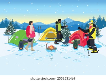 People rest in winter camping. Active men and women rest with tents in winter forest. Winter recreation and travel image. Vector illustration.