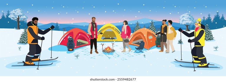 People rest in winter camping. Active men and women rest with tents in winter forest. Winter recreation and travel image. Vector illustration.