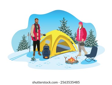 People rest in winter camping. Active men and women rest with tents in winter forest. Winter recreation and travel image. Vector illustration.