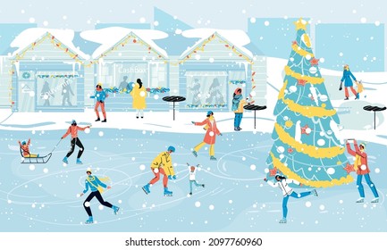 People rest at winter fair with ice rink, decorated Christmas tree and street food market stall. Xmas holiday activity and recreation