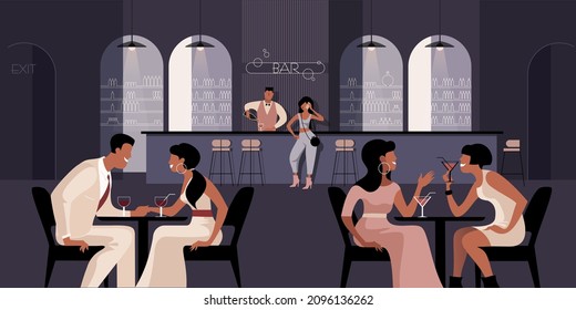 Personas en un restaurante o bar. Ilustración vectorial para la mofa de la página de aterrizaje o banner de publicidad de diseño plano.