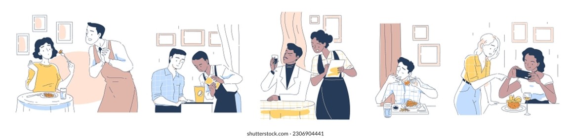 People in restaurant. Characters eat delicious food and drinks. Waiters and sommeliers serve visitors. Dinner, gourmet. Men and women degustate. Cartoon flat vector collection isolated on white