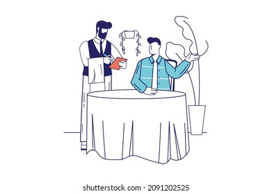 People at restaurant concept in flat line design for web banner. Man sitting at table in cafe and making dishes order to waiter, modern people scene. Vector illustration in outline graphic style