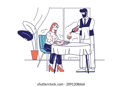 Menschen im Restaurant Konzept in flacher Linie Design für Web-Banner. Die Zimmer waren sehr klein und sauber. Das Frühstück war sehr reichhaltig. Vektorgrafik im Skizzenbildstil