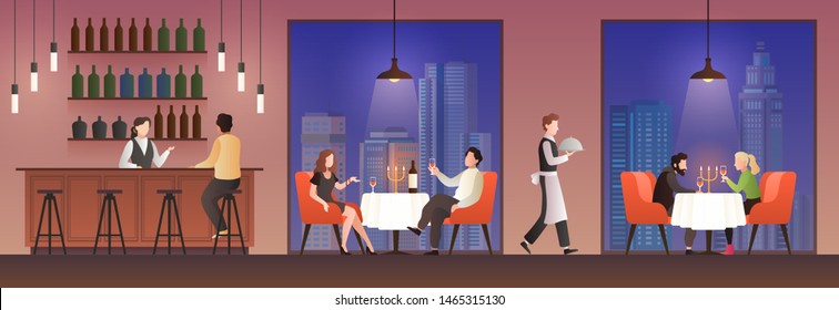 People in restaurant. Families having lunch in food court, men women meeting eating meal drink, dinner cafe buffet flat vector concept with elegant sitting couple