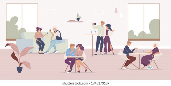 People in restaurant flat color vector illustration. Wine drinking party. Love couples and friends drinking alcoholic beverages 2D cartoon characters with cafe interior on background