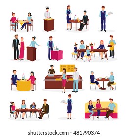 People In Restaurant Flat Icons Set On Special Occasions Family Dinner With Friends Abstract Isolated Vector Illustration