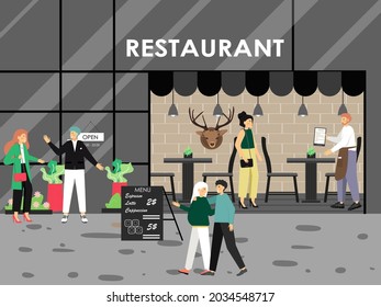 Gente en restaurante, ilustración plana vectorial. Mozo dando menú a la joven. Alegres parejas visitando café, sushi bar