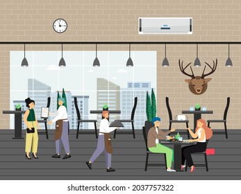 People in restaurant, flat vector illustration. Waiter characters giving menu, taking order, serving food. Waiting staff