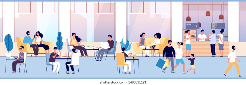 People in restaurant. Guys eating at dinner table in cafe. Teenagers snacking meal in food court, cafeteria interior vector concept