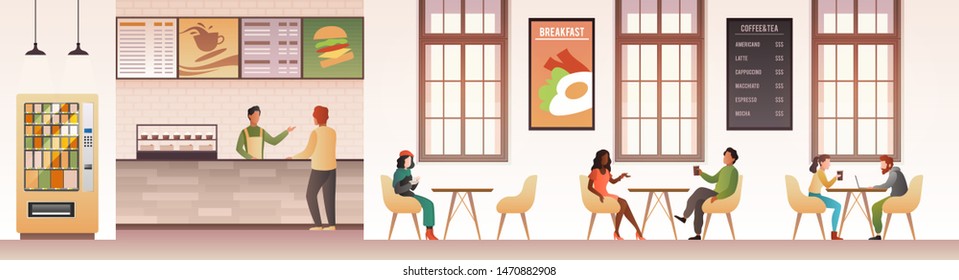 People At Restaurant. Guys Snacking Meal In Food Court, Family Eating Dinner In Cafeteria Or Buffet Interior Flat Vector Design Of Modern Cafe With Customer And Service Man