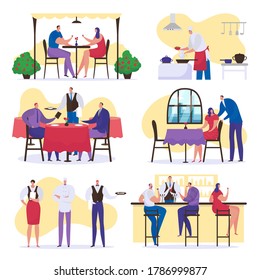 People at restaurant, happy group of men and women, friends together with food and drinks, set of vector illustrations. People having dinner, being served by a waiter, chef cook in cafe or restaurant.