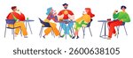 People in restaurant, long banner composition with people eating in food court in shopping center. Bright colorful vector illustration with diverse people eating kebab, burgers, or or drinking coffee 