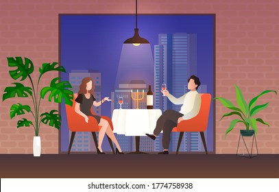 People in restaurant. Loving couple man and woman sit at table drink vine talking, celebrate valentine holiday in evening cafe interior, romantic relationships flat vector cartoon illustration