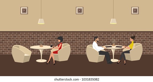 People in the restaurant. A man and a woman are sitting at a table, at another table - one girl. Interior of a cafe with white furniture on a brick wall background. Vector illustration.
