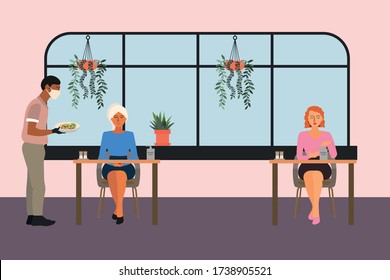 People in the restaurant. A masked and gloved waiter holds a plate of salad. The girl sits at the table and waits. A woman wipes her hands with antiseptic.