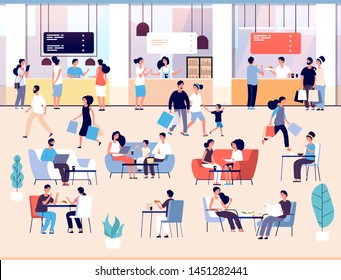 Gente en el restaurante. Los hombres y las mujeres comen en el bufé de la cafetería. Familias almorzando en el concepto de vectores interiores de corte de comida. Ilustración de un café y un restaurante en un centro comercial