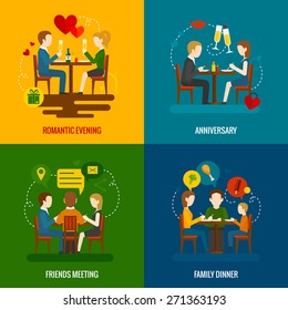 People In Restaurant Occasions Design Concept Set With Romantic Evening Anniversary Friends Meeting Family Dinner Flat Icons Isolated Vector Illustration