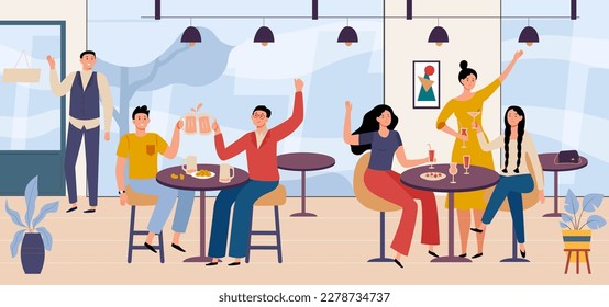 People in restaurant, party with beer or wine. Vector of party restaurant with beer drink, young celebration illustration