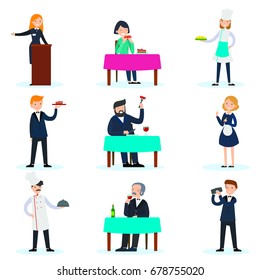 People in restaurant set with administrator chef cook waiter waitress bartender critic and customers isolated vector illustration