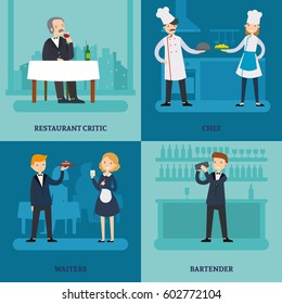 People in restaurant square concept with workers and man tasting wine in flat style vector illustration