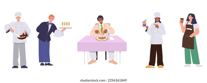 People restaurant staff in uniform and happy client at table isolated set on white background