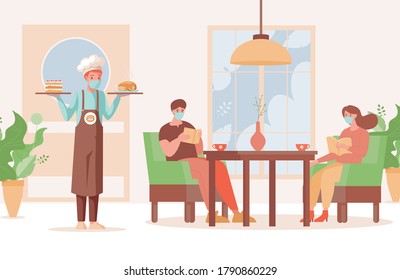 Gente en la ilustración plana vectorial del restaurante. El camarero con máscaras y guantes sostiene platos con pastel y pollo frito, hombre y mujer con máscaras leen el menú. Distancia social después del brote del Coronavirus.