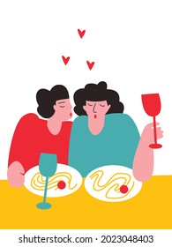 People in a restaurant with wine and pasta. Cartoon flat vector. Italy travel. Italian wine in the summer, restaurants, couple in love. Gastronomic tours for travelers.