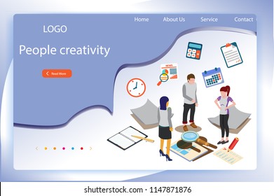 People resting and communicating in a common area. Open workspace and coworking. Landing page concept.3D isometric vector illustration