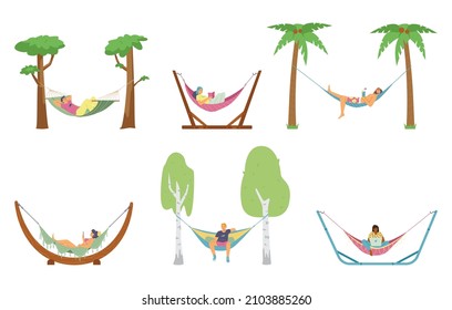 People resting in hammock set of flat cartoon vector illustrations isolated on white background. Summer vacation and relaxation, rest in mesh hammock outdoors.