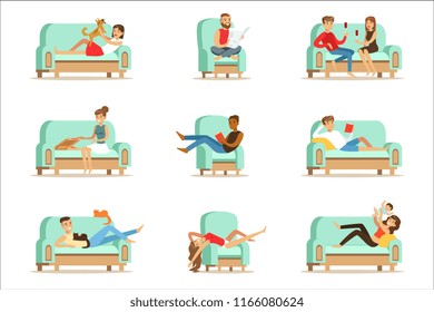 People Resting At Home Relaxing On Sofa Or Armchair Having Lazy Free Time And Rest Seris Of Illustrations